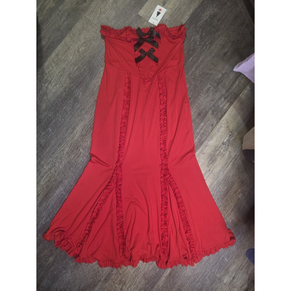 ZESICA NWT Womens XL Red Strapless Maxi Dress Ruffle V-Front Black Bows